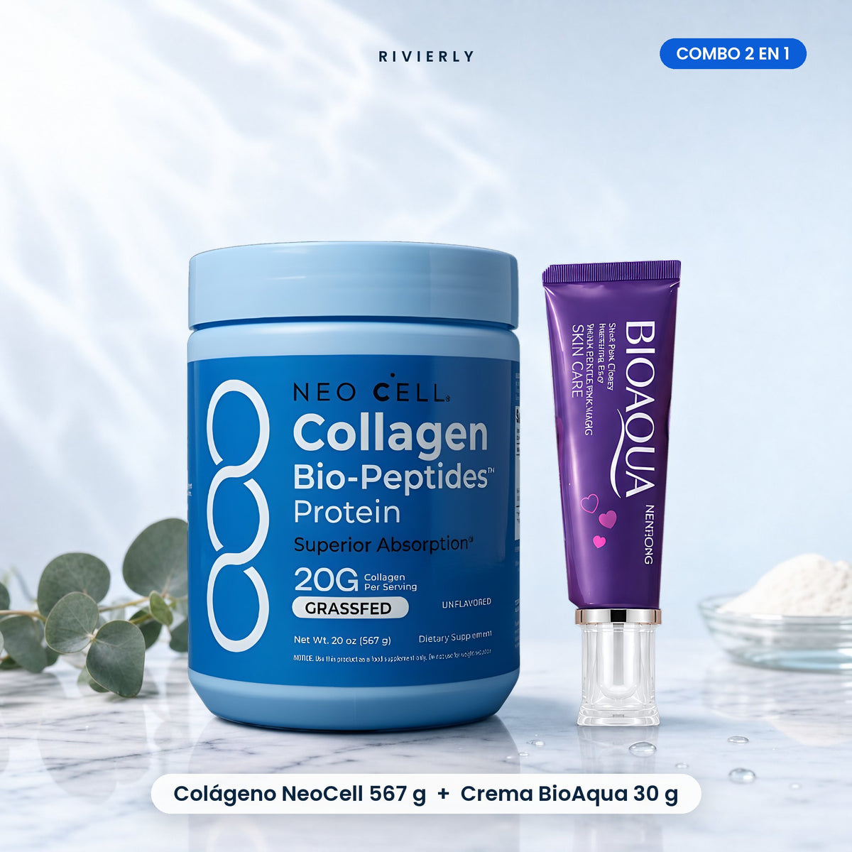 Combo Colágeno NeoCell Bio-Péptidos 567 g y Crema BioAqua 30 g sobre mármol