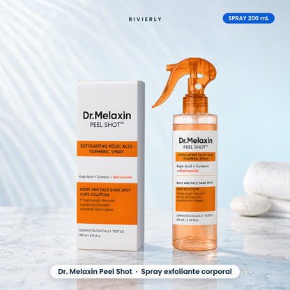 Dr. Melaxin Peel Shot, spray exfoliante corporal de 200 mL con su caja, sobre mármol claro