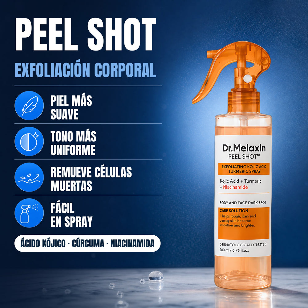 Peel Shot exfoliación corporal: piel más suave, tono más uniforme, remueve células muertas y fácil en spray; con ácido kójico, cúrcuma y niacinamida