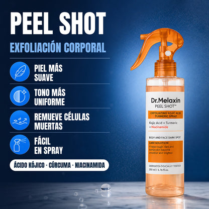 Peel Shot exfoliación corporal: piel más suave, tono más uniforme, remueve células muertas y fácil en spray; con ácido kójico, cúrcuma y niacinamida