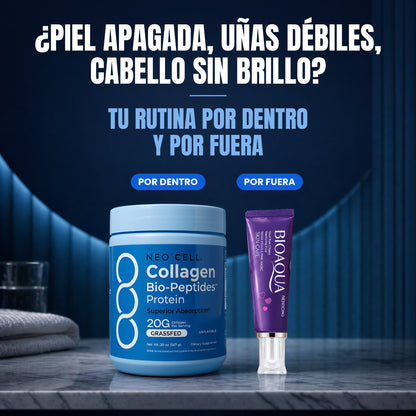 ¿Piel apagada, uñas débiles, cabello sin brillo? Tu rutina por dentro con colágeno NeoCell y por fuera con crema BioAqua