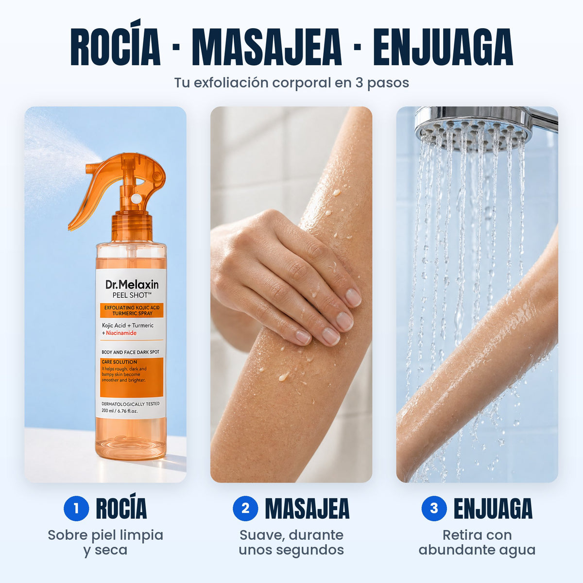 Cómo funciona en 3 pasos: rocía sobre piel limpia y seca, masajea unos segundos y enjuaga con agua
