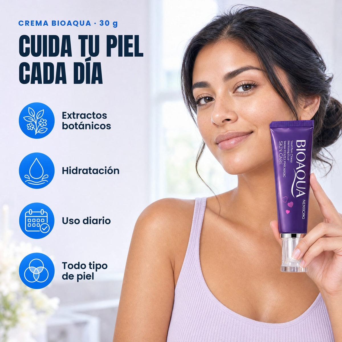 Imagen de estilo de vida con la crema BioAqua 30 g: extractos botánicos, hidratación, uso diario y todo tipo de piel