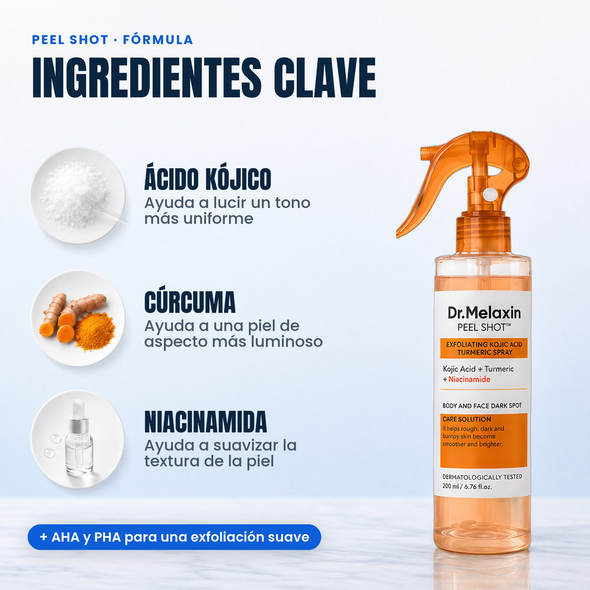 Ingredientes clave de Peel Shot: ácido kójico, cúrcuma y niacinamida, más AHA y PHA para una exfoliación suave