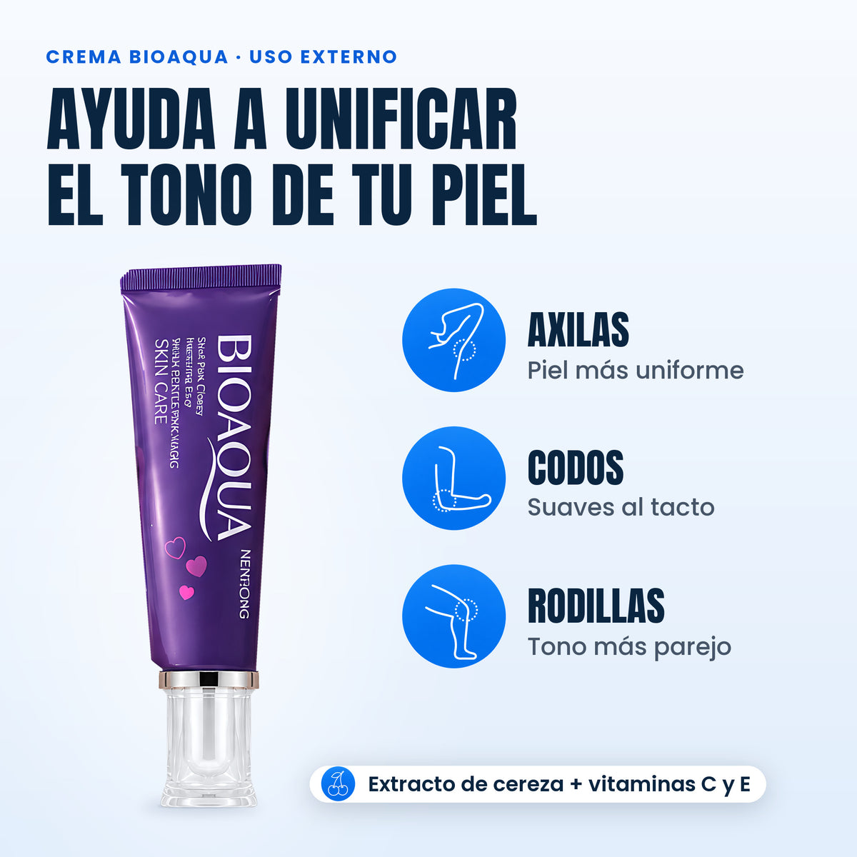 Crema BioAqua ayuda a unificar el tono de la piel en axilas, codos y rodillas, con extracto de cereza y vitaminas C y E