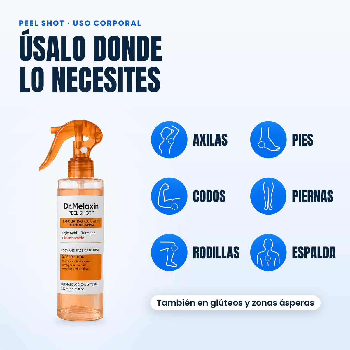 Úsalo donde lo necesites: axilas, codos, rodillas, pies, piernas, espalda y también glúteos