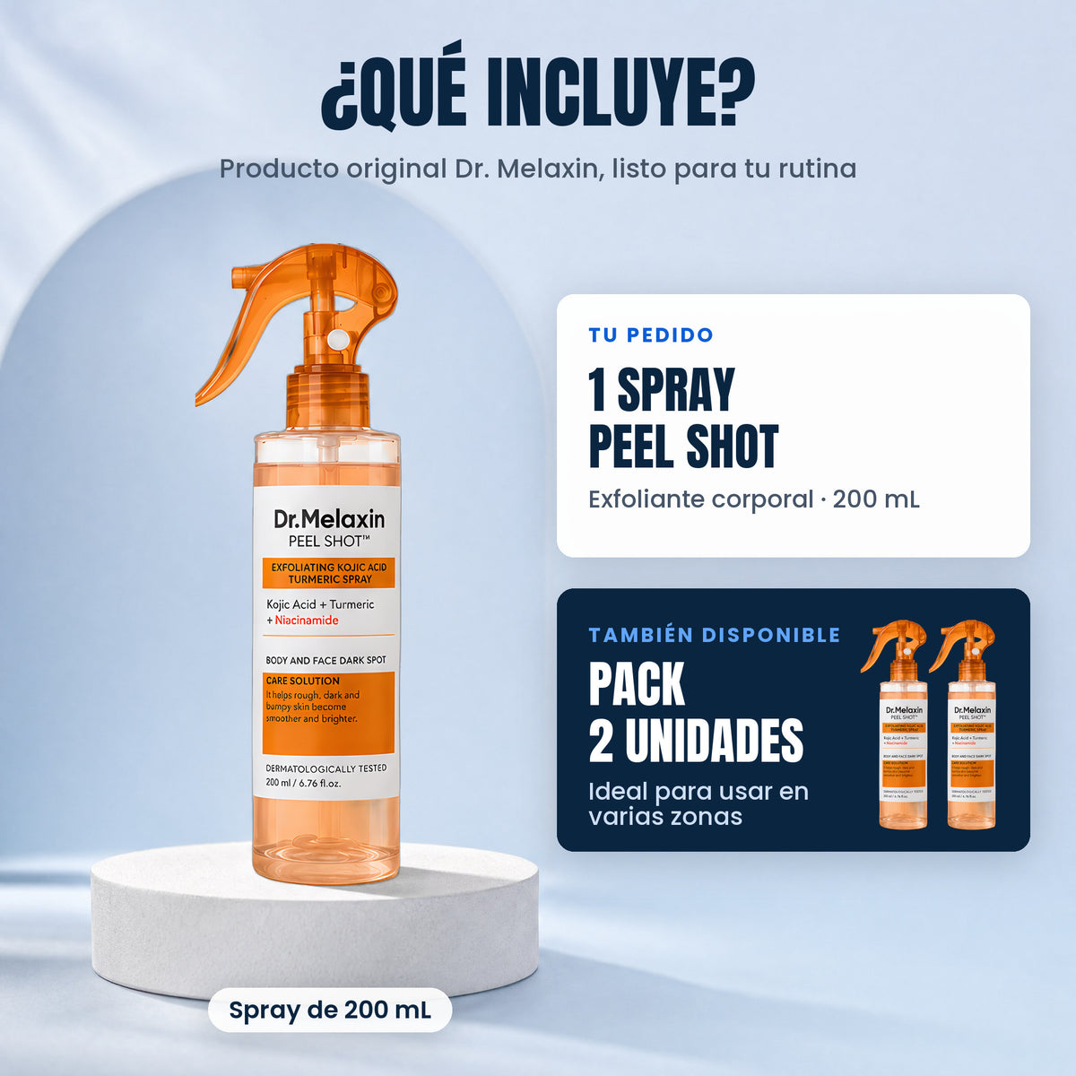 Qué incluye: 1 spray Dr. Melaxin Peel Shot exfoliante corporal de 200 mL; también disponible en pack de 2 unidades