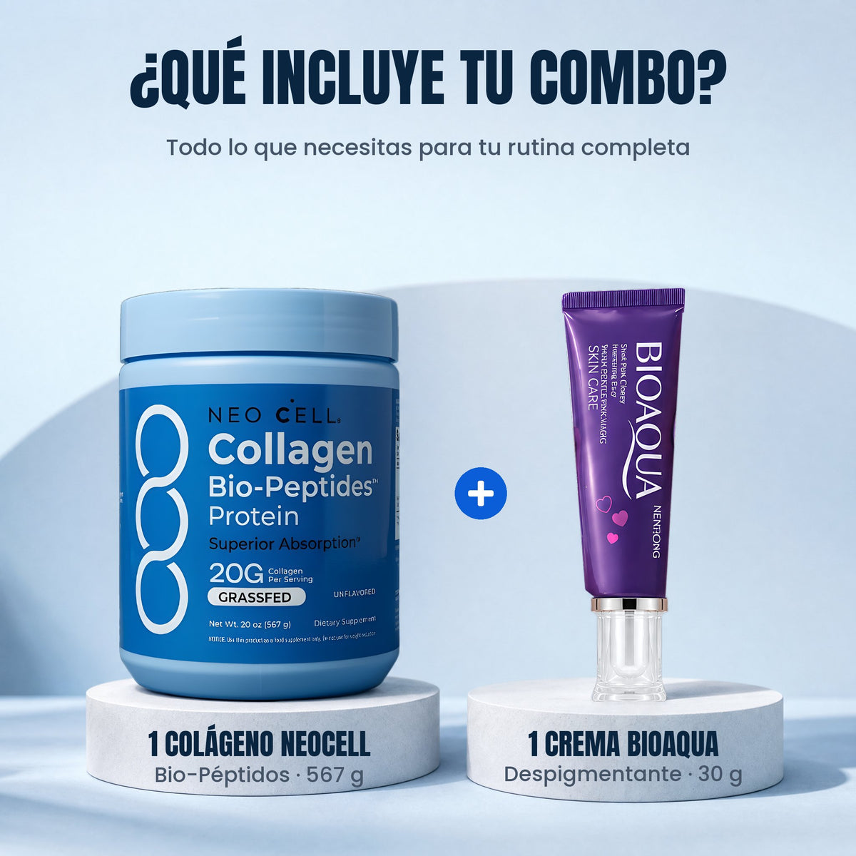 Qué incluye tu combo: 1 Colágeno NeoCell 567 g y 1 Crema BioAqua 30 g