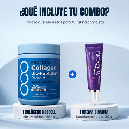 Qué incluye tu combo: 1 Colágeno NeoCell 567 g y 1 Crema BioAqua 30 g