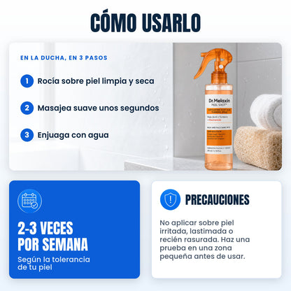 Cómo usarlo: rocía, masajea y enjuaga 2 a 3 veces por semana; no aplicar sobre piel irritada, lastimada o recién rasurada y haz una prueba en una zona pequeña