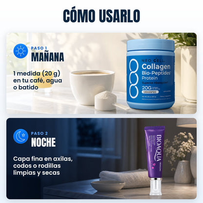 Cómo usarlo: en la mañana 1 medida de 20 g en tu café, agua o batido; en la noche una capa fina de crema en axilas, codos o rodillas
